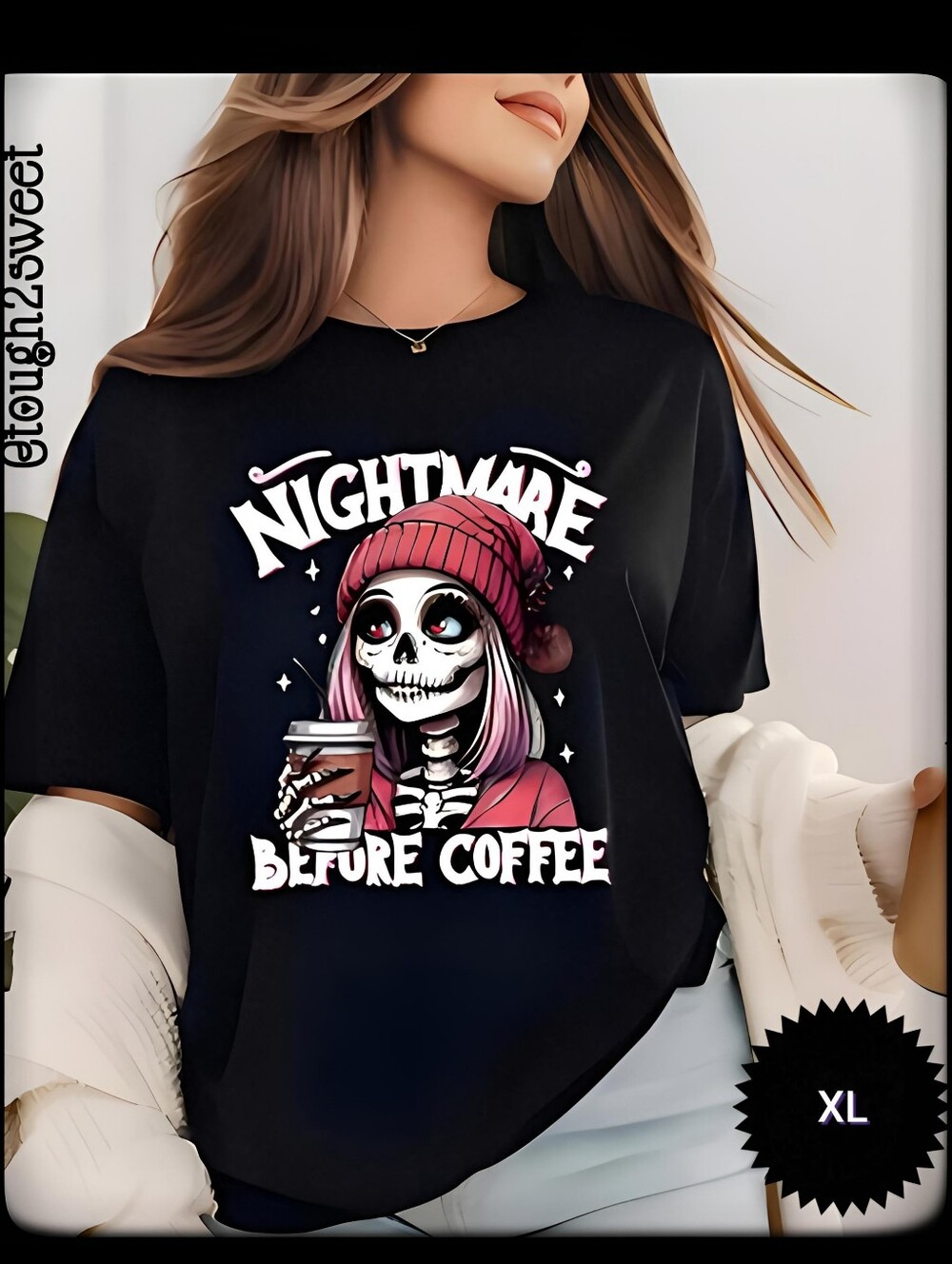🆕NIGHTMARE BEFORE COFFEE GOTH PUNK Y2K TEE WITH PINK BEANIE XL